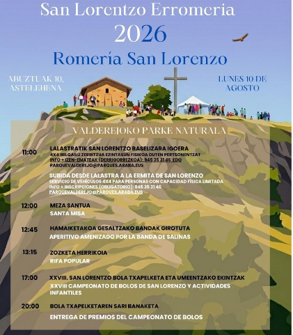 La tradicional Romería de San Lorenzo 2026 se celebrará el próximo 10 de agosto en el Parque Natural de Valderejo, con una jornada repleta de actividades para todos los públicos: misa, subida a la ermita, música, rifa popular, campeonato de bolos y actividades infantiles. Una cita imprescindible para disfrutar de nuestras tradiciones en un entorno natural excepcional.